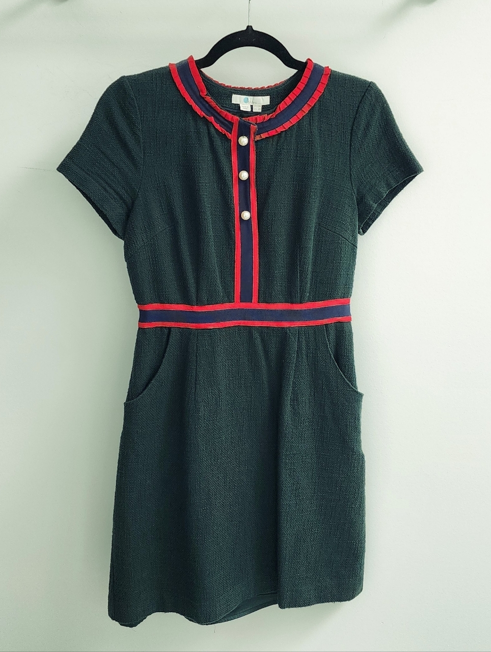 Boden Green Mini Dress with Red Trim